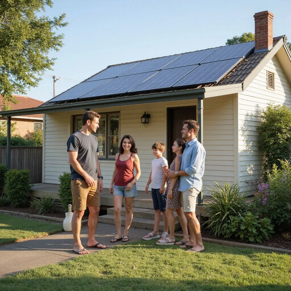 Family in front of solar home
